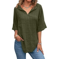 Xiuh Ženske čvrste boje V izrez majice kratki rukav pamuk posteljina majica za bluzu Ljeto Loose Fit