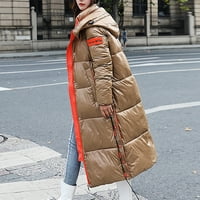Ikevan Žene kaputi zimske modne sjajne duge prekrivene kapuljače od kapuljače od koljena kava 10
