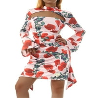 Xkwyshop žene Vintage cvjetni print Bodycon Mini haljine Flared rukava Backless šuplje mini haljina