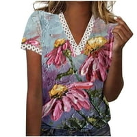 Ženske majice Caveitl, modni ženski ljetni V-izrez čipke patchwork kratkih rukava casual top bluza vruća