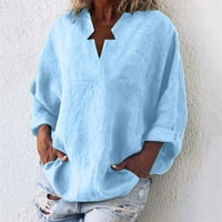Ljetni vrhovi za žene modne čvrste boje dugih rukava s dugim rukavima pamuk i posteljina tunička majica