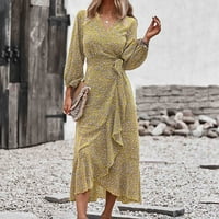 Ženske haljine s dugim rukavima cvjetna casual srednje dužine A-line V-izrez ljetna haljina žuta s
