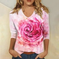 Bazyrey ženske vrhove plus veličine rukav casual cvjetni ispisani bluze ženski V-izrez labavi majice ružičasta L