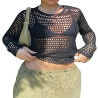 Ženski pulover, čvrsta boja okrugli vrat dugih rukava bez rukava izdubljena vrhova majica za sunčanje,
