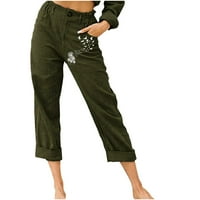 Pamučne pantalone za pamučne pamučne platnene kapri za žene sa džepovima dugmeta sa džepovima za gumb