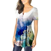 Žene moći plus veličine Žene Modni V- izrez cvjetni tiskani tunički tasteri majica kratkih rukava Plava