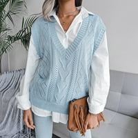 Kali_store slatki džemperi žene V vune na vratu prsluk bez rukava s rukavima duks džemper prsluk plavi,