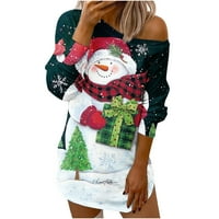 Ženska modna nagnuta ramena Santa Snowman SnowFlake Print Mini haljina dugih rukava Kuća za odmor