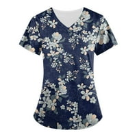 Strugten ženski cvjetni ispis kratkih rukava V-izrez V-izrez Radna uniforma Džepne bluza za žene za