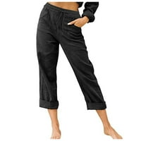 Ženske hlače sa visokim strukom, pamučne i posteljine, ležerne pantalone crne m