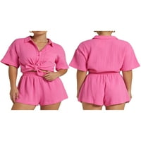 Arvbitana ženske pune boje pamučne pidžame setovi kratkih rukava majica i elastična struka široke nogu kratke hlače za spavanje odjeća za ljetnu salon