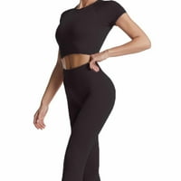 Ženska modna casual puna boja visoki struk elastična joga odijelo s kratkim rukavima + hlače dvodijelno