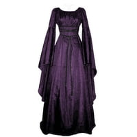 Anuirheih Plus Veličina Vintage duga haljina za žene Čvrsti kolor struk-Cinching tanak zvonički rukav