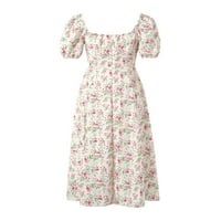 SDGHG Ženska elegantna ručna haljina, cvjetni tisak kvadratni ovratnik kratki puff rukavi suknja, blijedo