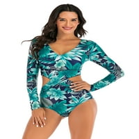 Ženski V izrez cvjetni ispisani surf kupaći kostim izrezao je dugi rukav zip osip