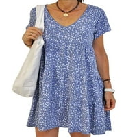Leuncero dame Ljeto plaža Sundress cvjetni print Mini haljina V izrez casual kratki rukav plavi xl