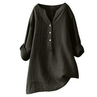 Košulje s dugim rukavima za žene plus veličine pamučne posteljine vrhovi V rect Gumb u gornjim bluzama