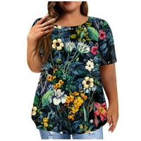 Ženski ljetni plus veličine kratkih rukava Crewneck vrhovi cvjetni print casual labav majice tamno plava
