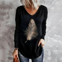Ženska modna grafička tee vrhova osnovnih dugih rukava opušteno-fitne majica V-izrez casual pulover