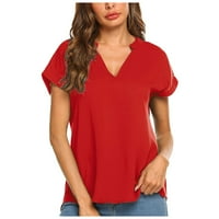 Modni ženski ljetni kratki rukav V-izrez majica šifonska bluza Čvrsta boja crvena l