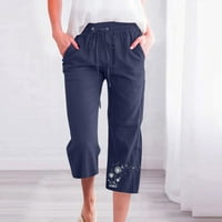 Capris za žene, Ležerne ljetne pamučne posteljine hlače nacrtavanje visokih struka Dukseve cvjetne tiskane hlače sa džepovima