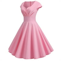 Boho casual haljine za žene ženski odmor V-izrez Dužina koljena kratki rukav čvrst a-linija ružičasta