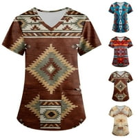 MLQIDK ženski aztec ispisani piling Plus veličine V-izrez zapadno etnički grafički T majica Radna odjeća