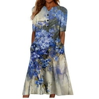 Ženske haljine kratki rukav tiskani modni modni maxi a-line Notch vrat ljetna haljina plavi xl
