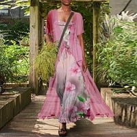 Clearsance Ljetne haljine za žene Maxi labav cvjetni kratki rukav A-linijski okrugli izrez ružičastih