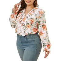 Ženska plus veličina cvjetna bluza s dugim rukavima čipkala majica labavi ruffles v izrez TOP ŽUTO L