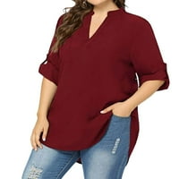 Ženski plus bluze casual solid v bluza za izrez Burgundy 3xl