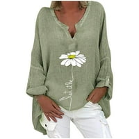 DRPGUNLY Ljetni vrhovi temperamentni cvijet bluza za bluzu za bluzu V-izrez pamuk i posteljina plus