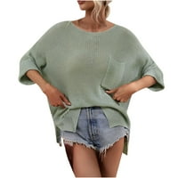 Ženski modni dugi rukav kružni džemper sa punim bojama labav vrhovi bluza sa džepom zelene s