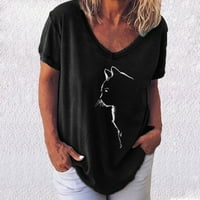 TKLpehg ženske kratkih rukava odobrenje modne dame vrhovi ljetne V-izrez majice mačja grafički labavi