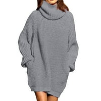 Ženska jesen i zimski dugi rukav džemper s visokim rukavima Ženska srednja dužina od ramena džemper haljina