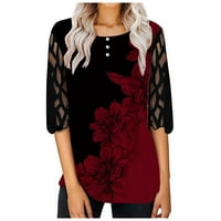 Ženski modni čipkani rukav cvjetni okrugli vrat na vrhu labave majice, vino, xxxl