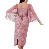 Elegantna cvjetna četvrtasta izrezana haljina sa rukavima Dusty ružičaste ženske haljine L