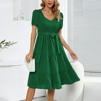 Ljetna haljina za žene s kratkim rukavima od pune haljine V-izrez midi fit i flare modni trendi elegantni