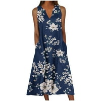 Žene plus veličina Ženska ljetna dizajna Ležerna haljina postepena bez rukava V-izrez Duga haljina Plava