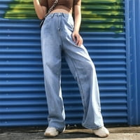 Yinguo žene modni džep visokog struka čvrstog casual labavih širokih pantalona za noge Jeans s
