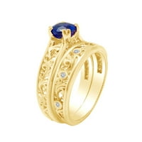 1. CARAT Okrugli simulirani plavi safir i prirodni dijamantski filigranski zaručni prsten 14K Čvrsto