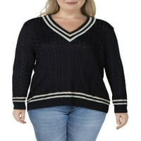 Lauren Ralph Lauren Womens Plus rebrasti kabel pleteni džemper s V-izrezom plava 2x