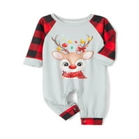Božićni podudaranje Porodične pidžame, elk plaid print okrugli vrat dugih rukava + visoki pantalone za djecu za djecu