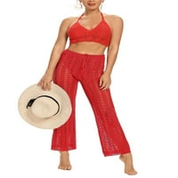 Canrulo Womens pokriva hlače Seksi izdubljena kukičana mreža visoke struk plaža Bikini hlače crvena