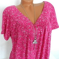Žene plus veličine kratkih rukava V-izrez za bluzu za bluzu za izrezu Pulover majica Hot Pink XL