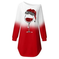 Lastesso Womens Crveno vinsko staklo Print Božićna haljina s dugim rukavima Klasična haljina Modne padajuće