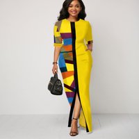 Ljetne haljine za žene tiskane okrugli declet Maxi duga modna haljina s kratkim rukavima Yellow XL