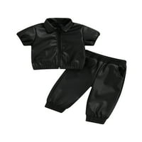 Thefound Baby Girl Boy PU kožne odjeće crna čvrsta boja kratkih rukava rever sa zatvaračem + dugačke