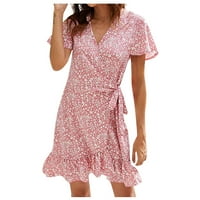 Clearsance Ljetne haljine za žene kratki rukav omotač mini odmor cvjetni V-izrez haljina ružičasta m