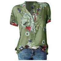 Qcmgmg Green majice kratkih rukava za žene Dugme Down Loose Fit Tops Cvjetni Henley Summer Casual Tunika